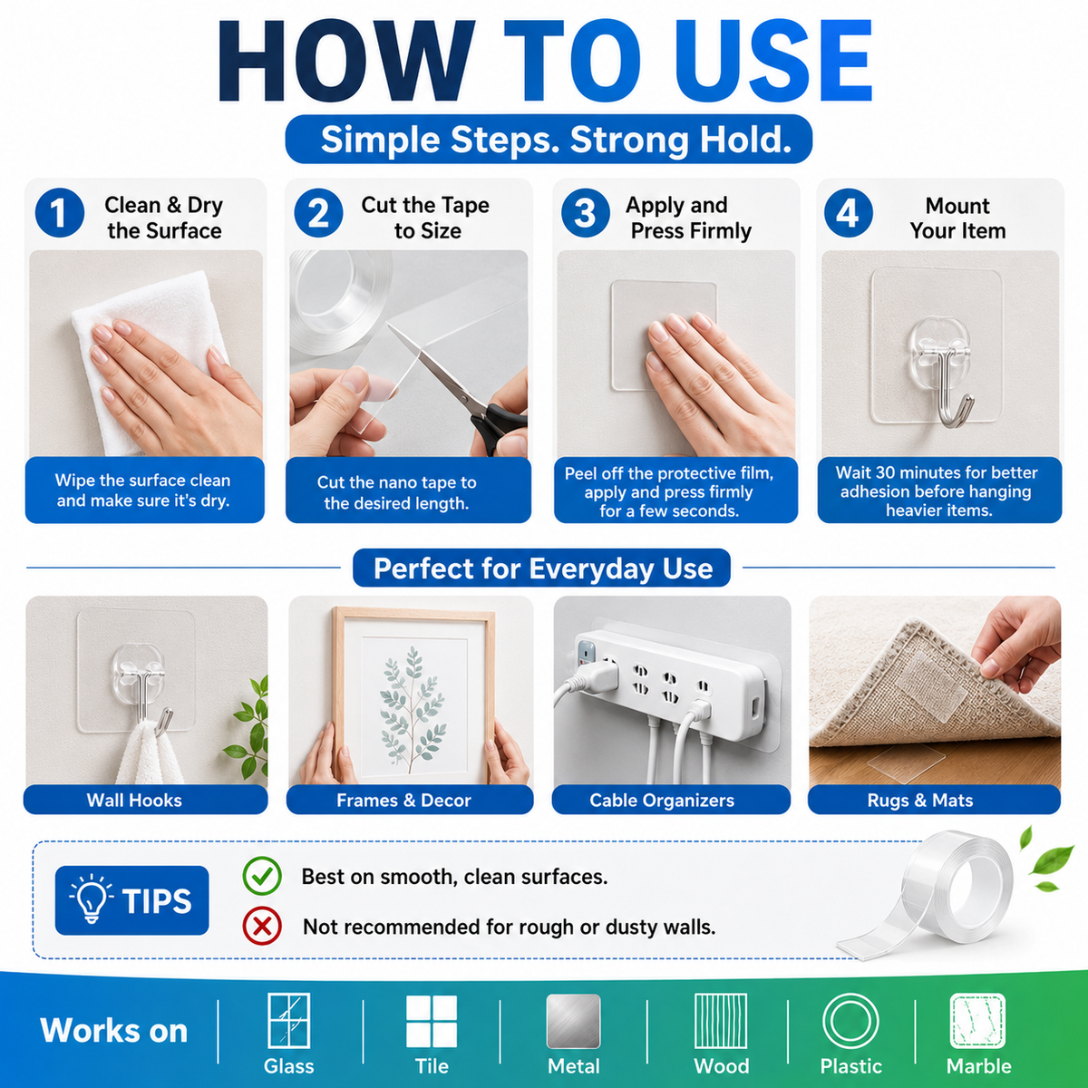 🥳2026 HOT SALE🥳💞50K+ SOLD!⭐🔄 Wash & Reuse Like Magic! Reusable Nano Grip Tape – Your Smart, Money-Saving Helper. 💡🏠